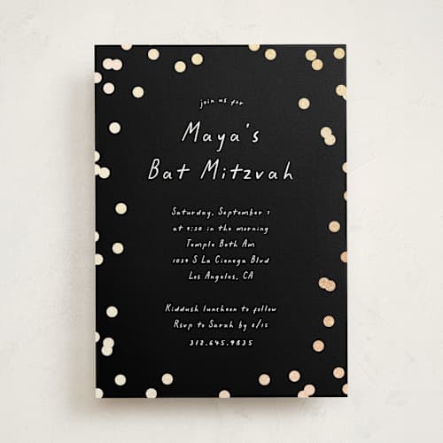 This is a midnight bar mitzvah bat mitzvah invitations with foil pressed by Erin L. Wilson called simple confetti printing on signature in standard