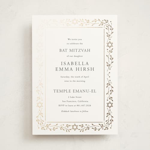 This is a snow bar mitzvah bat mitzvah invitations with foil pressed by Ana de Sousa called hanukkah star printing on signature in standard