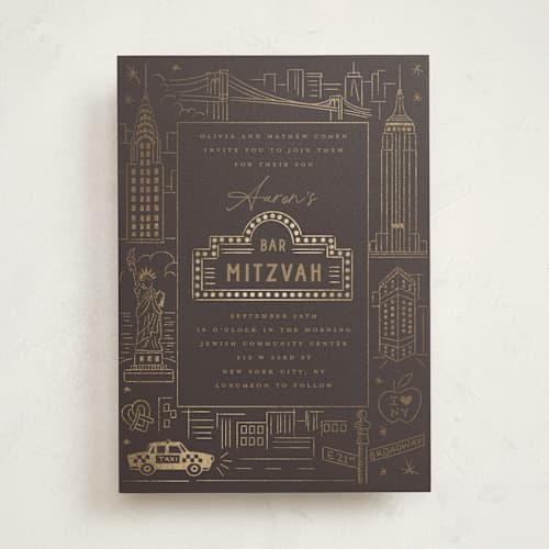 This is a beetle bar mitzvah bat mitzvah invitations with foil pressed by Teju Reval called gilded nyc printing on signature in standard