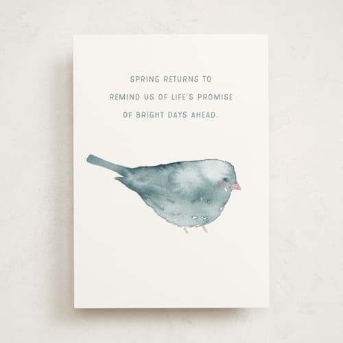 This is a light blue tbd with standard by Renee Anne Bouffard-McManus called blushing bird 2 printing on signature in greeting cards
