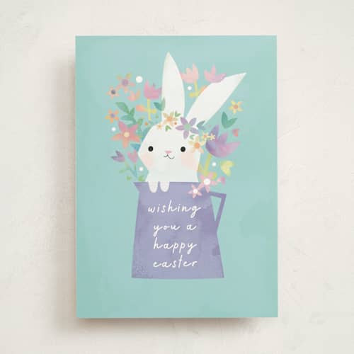 This is a powder blue tbd with standard by Lori Wemple called bunny bouquet printing on signature in greeting cards
