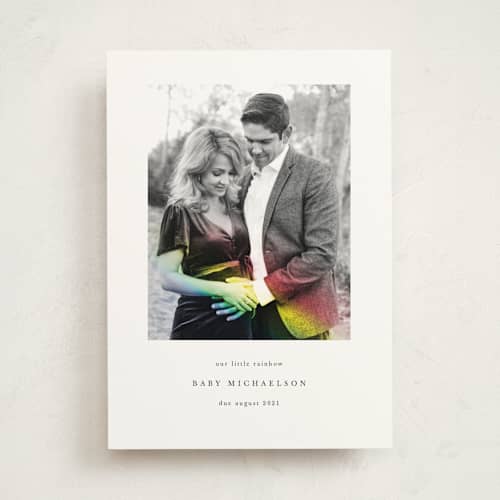 This is a rainbow pregnancy announcements with standard by Maria Hilas-Louie called rainbow light printing on signature in standard