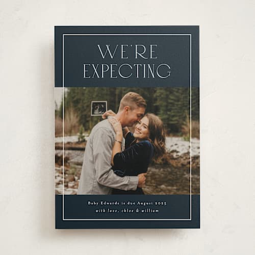 This is a navy pregnancy announcements with standard by Stacey Meacham called eternity printing on signature in standard