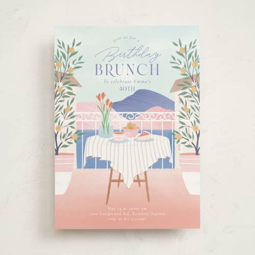 This is a clear blue party invitations with standard by Sabrin Deirani called relax birthday brunch printing on signature in standard