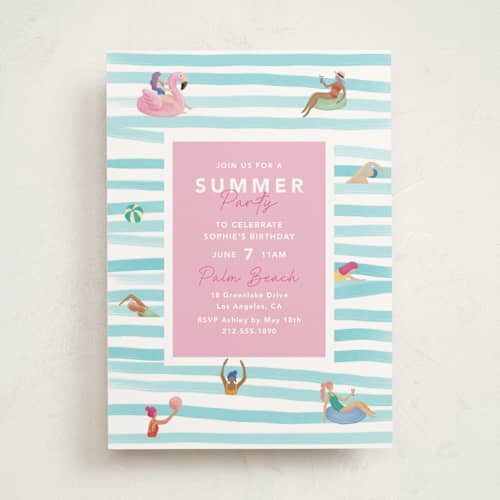 This is a pool party invitations with standard by Elly called summer party printing on signature in standard