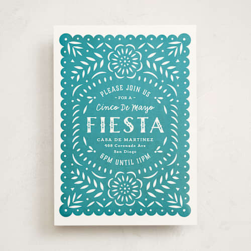 This is a teal party invitations with standard by Hooray Creative called papel picado fiesta printing on signature in standard