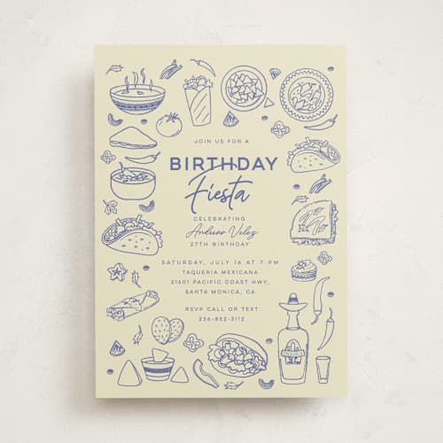This is a blueberry party invitations with standard by Sherley Ferreira called tacos & tequila printing on signature in standard