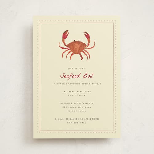 This is a crab red party invitations with standard by Erika Firm called seafood boil crab printing on signature in standard