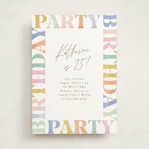 This is a rainbow party invitations with standard by Creo Study called birthday party type printing on signature in standard