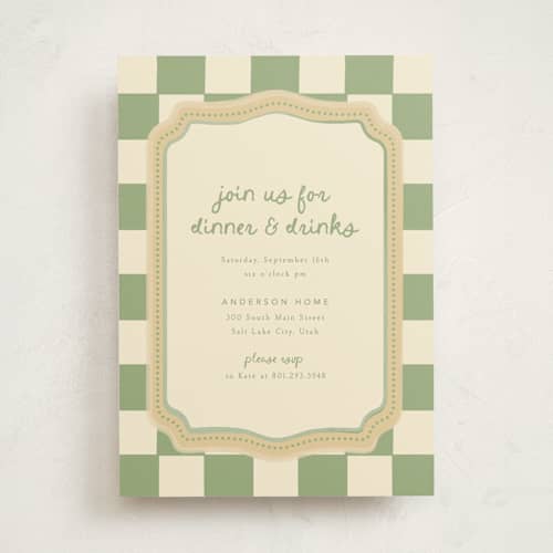 This is a sage party invitations with standard by Robert and Stella called checkered china printing on signature in standard