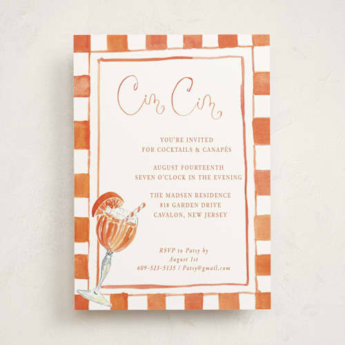 This is a tangerine party invitations with standard by West Foglia called cin cin spritz printing on signature in standard