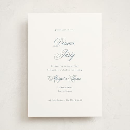 This is a dusty blue party invitations with standard by Jennifer Postorino called empire printing on signature in standard