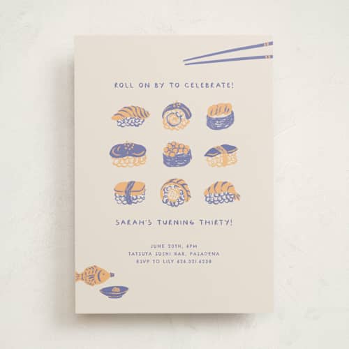 This is a bluefin party invitations with standard by Natalie Rae called sushi roll printing on signature in standard