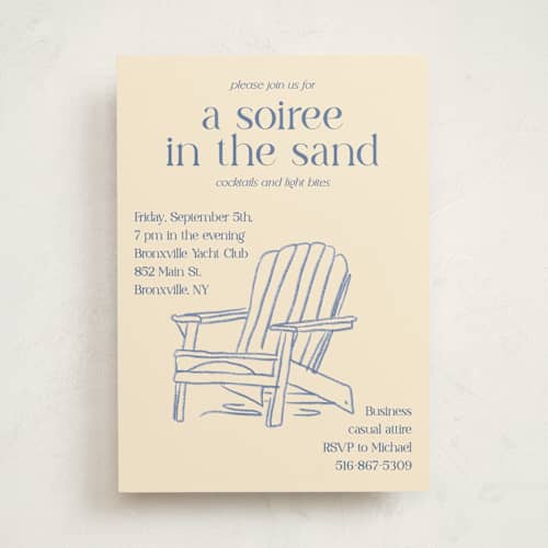 This is a cream party invitations with standard by Cotton and Bow called soiree in the sand printing on signature in standard