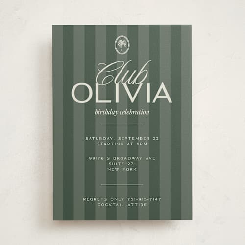 This is a palm party invitations with standard by Jenna Holcomb called club printing on signature in standard