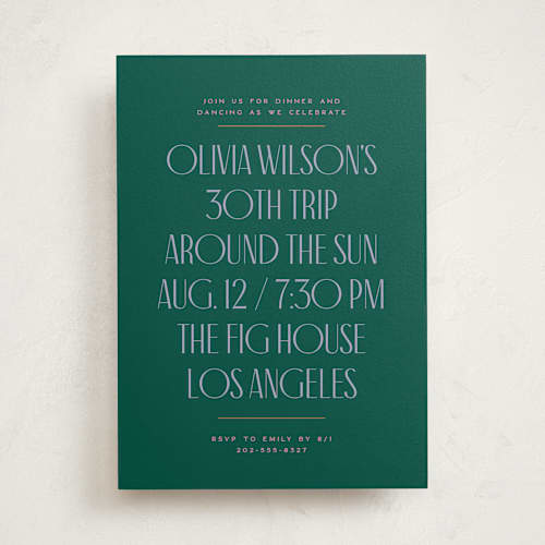 This is a emerald party invitations with standard by Owl and Toad called around the sun printing on signature in standard