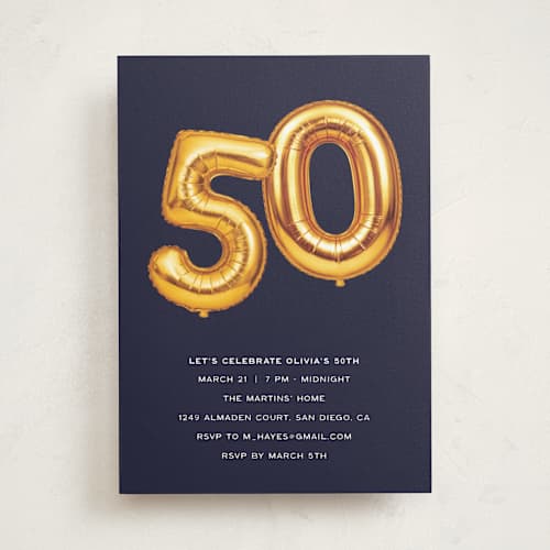 This is a navy party invitations with standard by Ilene Guy called big 50 printing on signature in standard