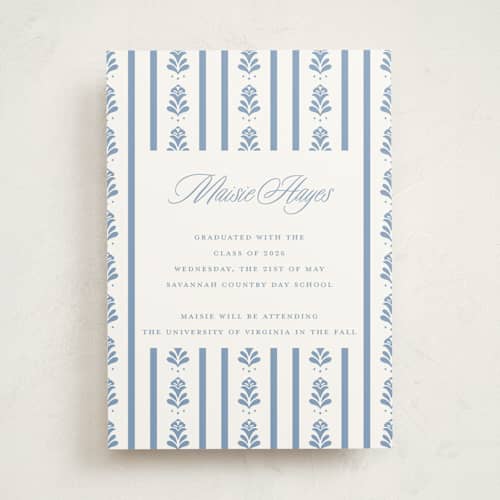 This is a provincial blue graduation announcements with standard by Erin German called sweet garden printing on signature in standard
