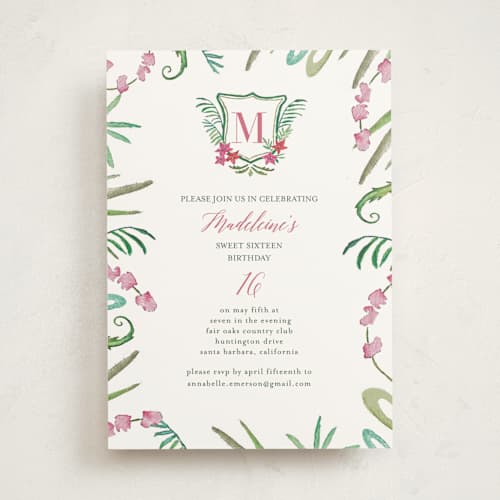 This is a fuschia sweet sixteen birthday party invitations with standard by Hallie Fischer called tropical crest printing on signature in standard