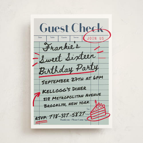 This is a mint sweet sixteen birthday party invitations with standard by Jennifer Lew called guest check printing on signature in standard