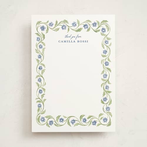 This is a cornflower personalized stationery thank you cards with standard by Sarah Knight called camilla printing on signature in 5x7