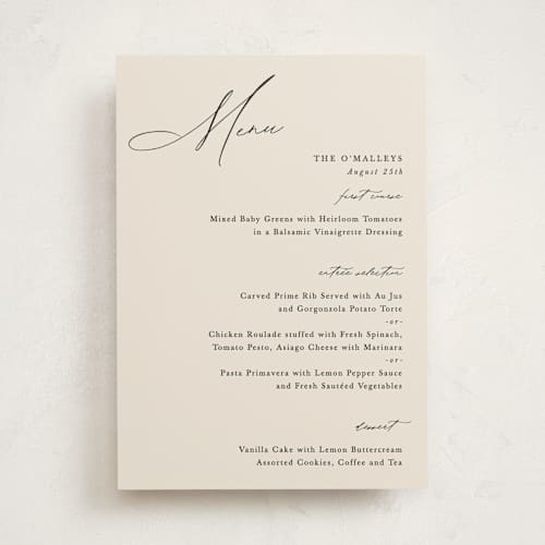 This is a ecru part menus with standard by Hooray Creative called scripted names printing on signature in standard