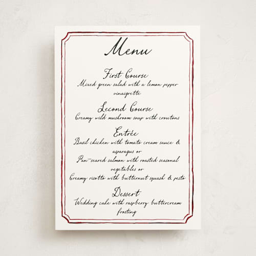 This is a wine part menus with standard by Cass Loh called handwritten printing on signature in standard