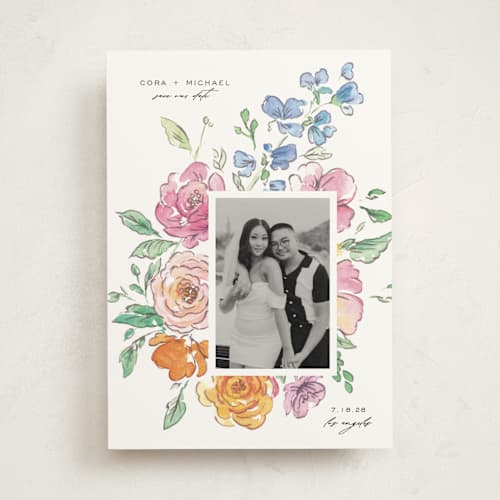 This is a vibrance press save the date with standard by Itsy Belle Studio called floral pop printing on doublethick in photo_mount