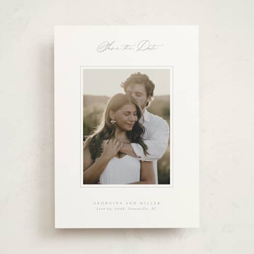 This is a dusty blue save the date with standard by Stacey Meacham called modern air printing on doublethick in photo_mount