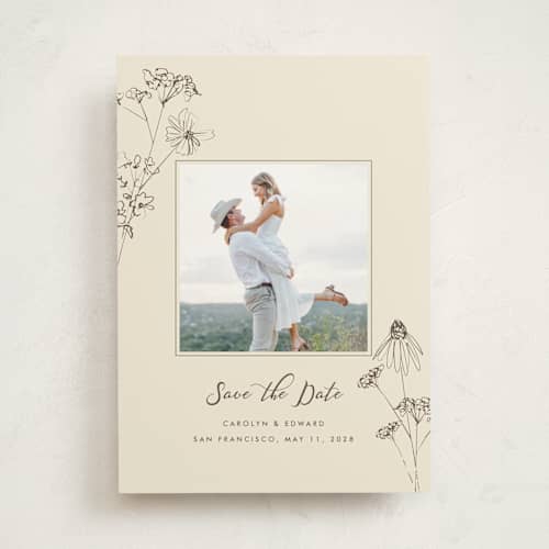 This is a sandpaper save the date with standard by Baumbirdy called sketched florals printing on doublethick in photo_mount