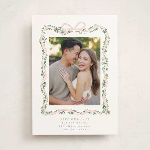 This is a blush save the date with standard by Itsy Belle Studio called ribbonly frame printing on doublethick in photo_mount