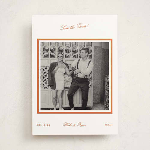 This is a orange peel save the date with standard by Megan Davis called miro printing on doublethick in photo_mount