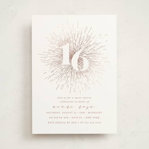 This is a cocoa sweet sixteen birthday party invitations with foil pressed by Ana Sharpe called starburst printing on signature in standard