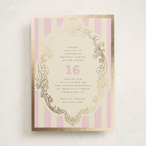 This is a petal sweet sixteen birthday party invitations with foil pressed by Charter Oaks Creative called baroque beauty printing on signature in standard
