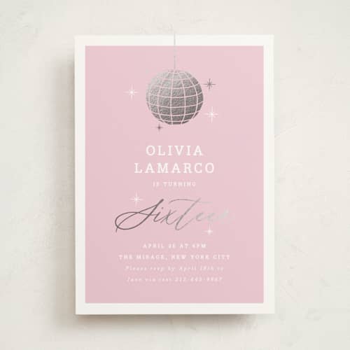 This is a blush sweet sixteen birthday party invitations with foil pressed by Yolanda Mariak Chendak called discotheque printing on signature in standard