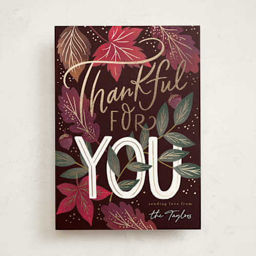 This is a honeycrisp thanksgiving cards invitations with foil pressed by Alethea and Ruth called thankful for you printing on signature in standard