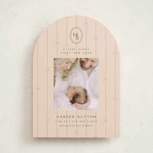 This is a blush babys first christmas with standard by Ellen Schlegelmilch called first christmas monogram printing on recycled smooth signature in standard