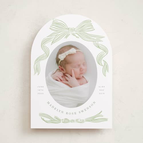 This is a mint birth announcements with standard by Stephanie Hawkes called ribbon bow frame printing on recycled smooth signature in standard