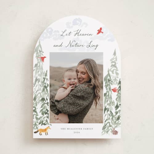 This is a forest photo christmas cards with standard by Holly Whitcomb called woodland watercolor printing on recycled smooth signature in standard