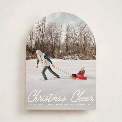 This is a snowfall photo christmas cards with standard by Karidy Walker called cheerful script printing on recycled smooth signature in standard