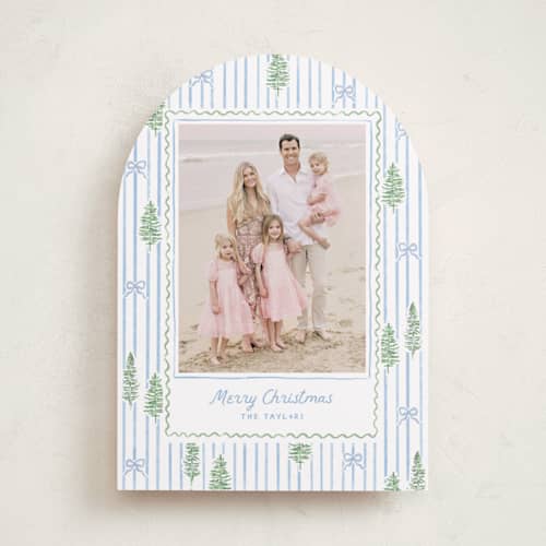 This is a blue jay photo christmas cards with standard by Creo Study called trees and bows printing on recycled smooth signature in standard