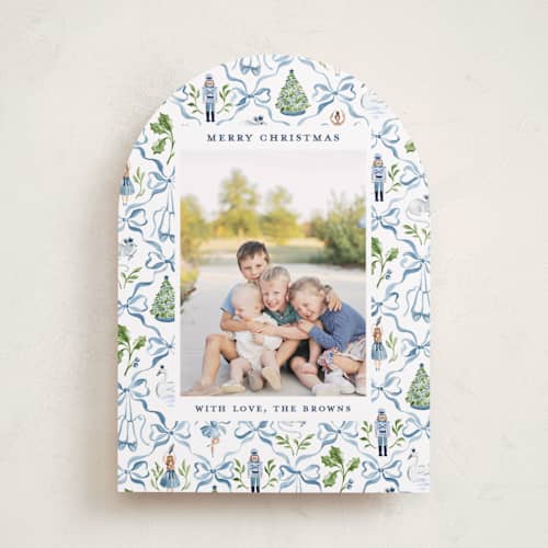 This is a blue ribbon photo christmas cards with standard by Sarah Knight called nutcracker ribbons printing on recycled smooth signature in standard