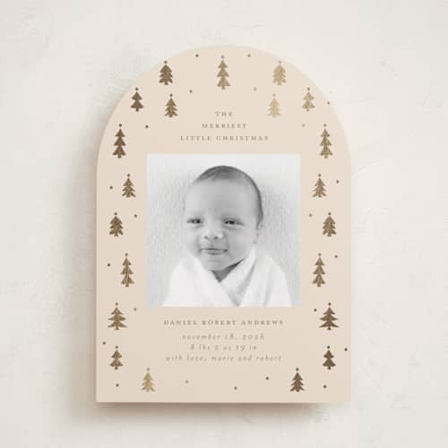 This is a candlelight babys first christmas with foil pressed by Jennifer Holbrook called merry little trees printing on recycled smooth signature in standard