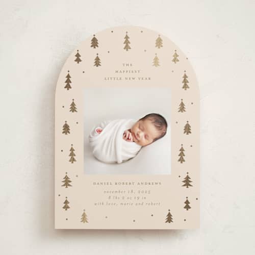 This is a candlelight babys first christmas with foil pressed by Jennifer Holbrook called merry little trees printing on recycled smooth signature in standard