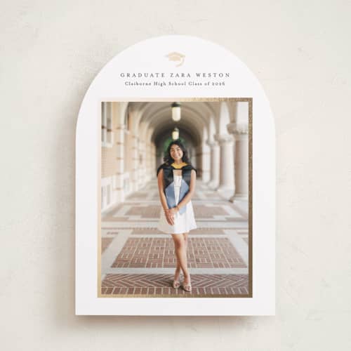 This is a cotton graduation announcements with foil pressed by Stacey Meacham called elegant frame printing on recycled smooth signature in standard