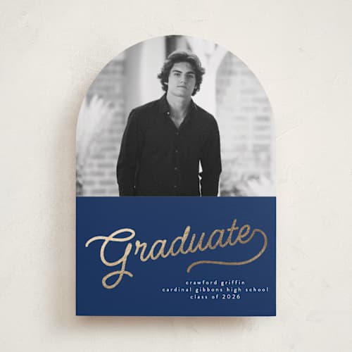 This is a navy graduation announcements with foil pressed by BR Designs called retro vintage grad printing on recycled smooth signature in standard