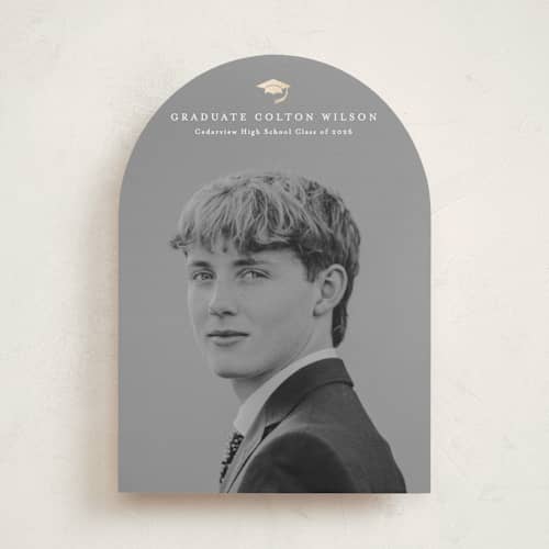 This is a golden hour graduation announcements with foil pressed by Stacey Meacham called well done printing on recycled smooth signature in standard