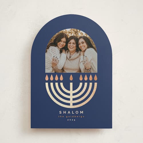 This is a aqua hanukkah cards with foil pressed by FRANI called candles arch printing on recycled smooth signature in standard