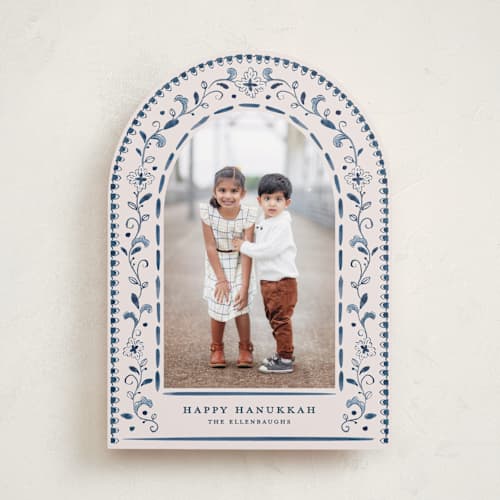 This is a navy hanukkah cards with standard by Meagan Christensen called talavera printing on recycled smooth signature in standard