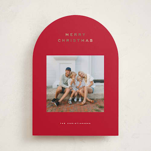 This is a santa suit foil pressed holiday cards with foil pressed by Wildfield Paper Co called cranberry printing on recycled smooth signature in standard
